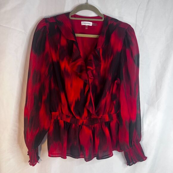 Calvin Klein Abstract Red Ruffle Vneck Peplum Waist Blouse Dressy Bold Size LG - Picture 10 of 10